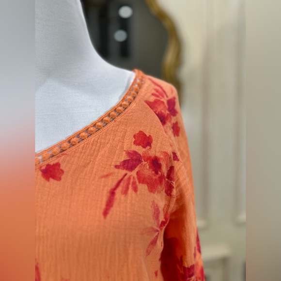 Soft Surroundings Floral Tunic  M Coral Peach Boho Crinkle Cotton Gauze 3/4 slv - Picture 3 of 10